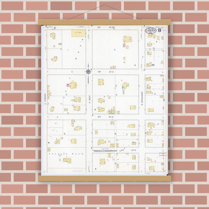 Old map wall art mockup — magnetic wood frame on brick wall — Sanborn Fire Insurance Map from Lamar, Barton County, Missouri (1916), Sheet #0008