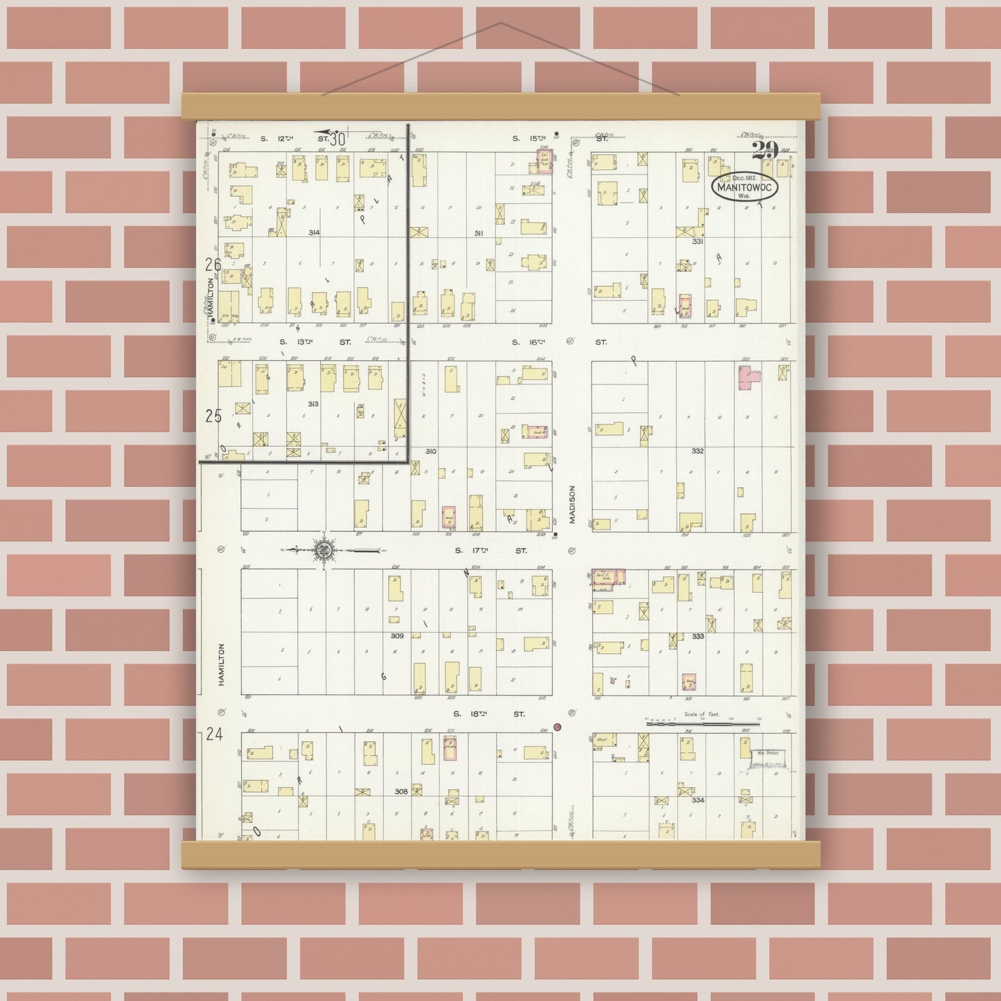 Old map wall art mockup — magnetic wood frame on brick wall — Sanborn Fire Insurance Map from Manitowoc, Manitowoc County, Wisconsin (1912), Sheet #0029