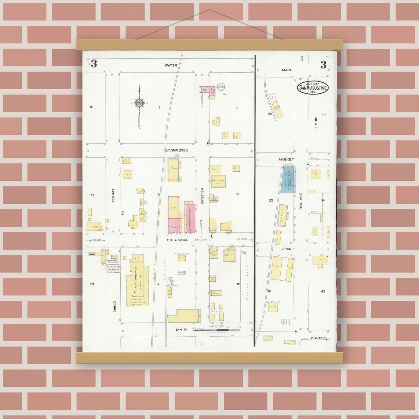 Old map wall art mockup — magnetic wood frame on brick wall — Sanborn Fire Insurance Map from San Augustine, San Augustine County, Texas (1927), Sheet #0003