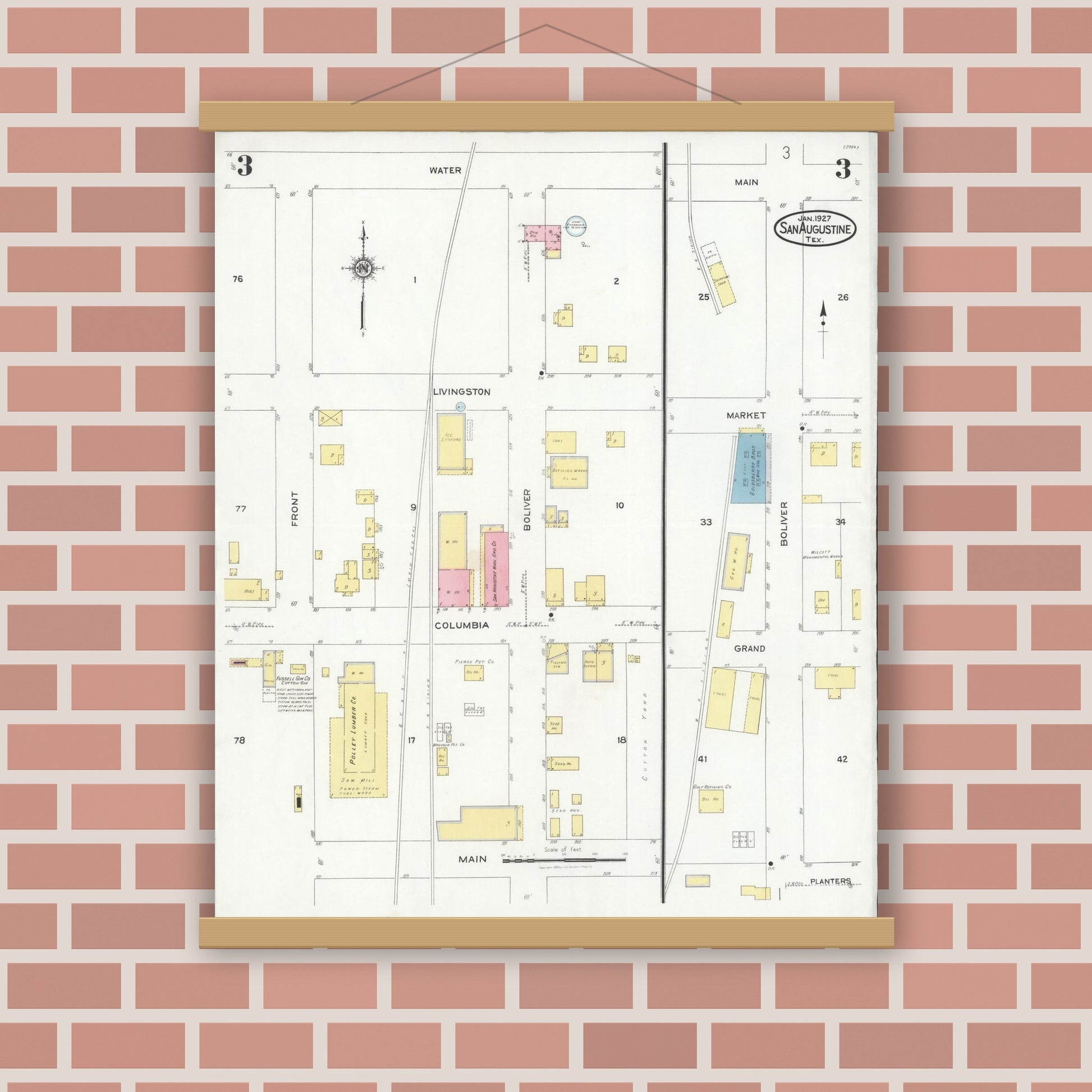 Old map wall art mockup — magnetic wood frame on brick wall — Sanborn Fire Insurance Map from San Augustine, San Augustine County, Texas (1927), Sheet #0003