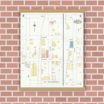 Old map wall art mockup — magnetic wood frame on brick wall — Sanborn Fire Insurance Map from San Augustine, San Augustine County, Texas (1927), Sheet #0003