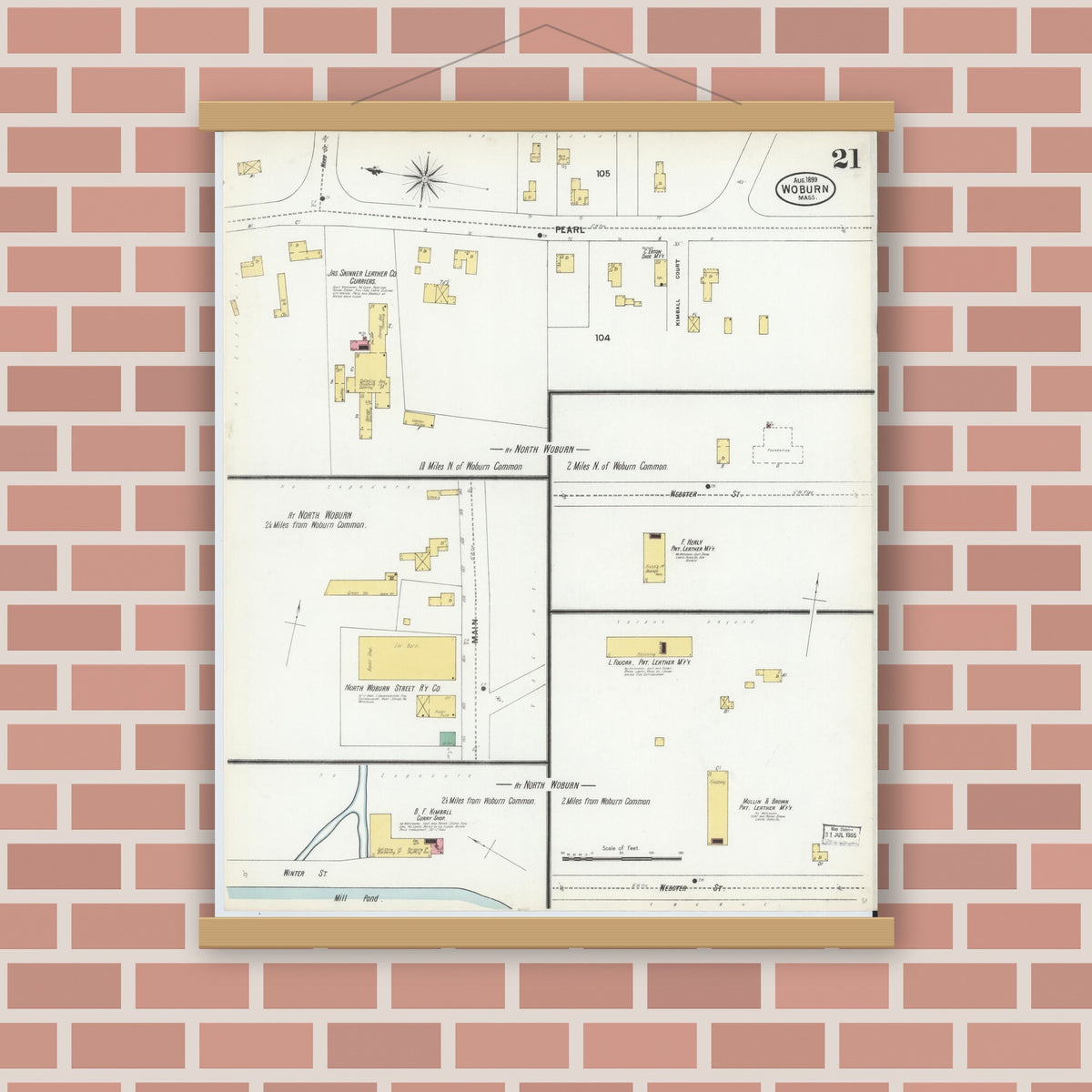 Old map wall art mockup — magnetic wood frame on brick wall — Sanborn Fire Insurance Map from Woburn, Middlesex County, Massachusetts (1899), Sheet #0021