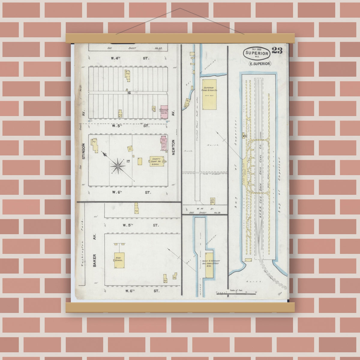 Old map wall art mockup — magnetic wood frame on brick wall — Sanborn Fire Insurance Map from Superior, Douglas County, Wisconsin (1887), Sheet #0023