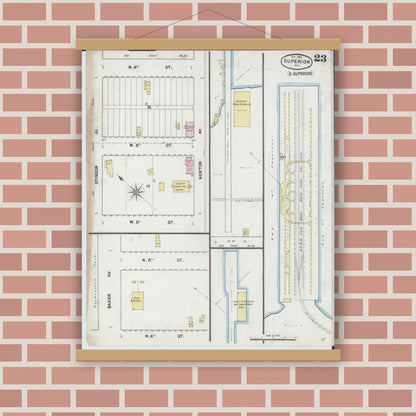 Old map wall art mockup — magnetic wood frame on brick wall — Sanborn Fire Insurance Map from Superior, Douglas County, Wisconsin (1887), Sheet #0023
