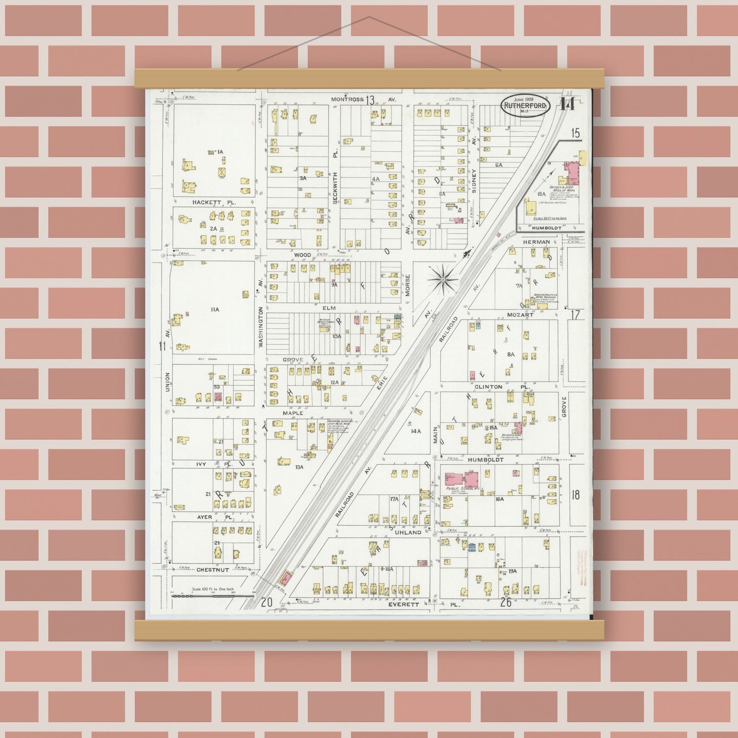 Old map wall art mockup — magnetic wood frame on brick wall — Sanborn Fire Insurance Map from Rutherford, Bergen County, New Jersey (1909), Sheet #0014