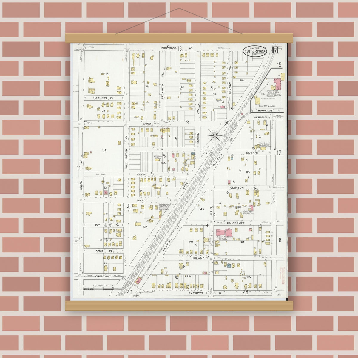 Old map wall art mockup — magnetic wood frame on brick wall — Sanborn Fire Insurance Map from Rutherford, Bergen County, New Jersey (1909), Sheet #0014
