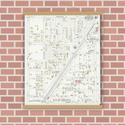 Old map wall art mockup — magnetic wood frame on brick wall — Sanborn Fire Insurance Map from Rutherford, Bergen County, New Jersey (1909), Sheet #0014