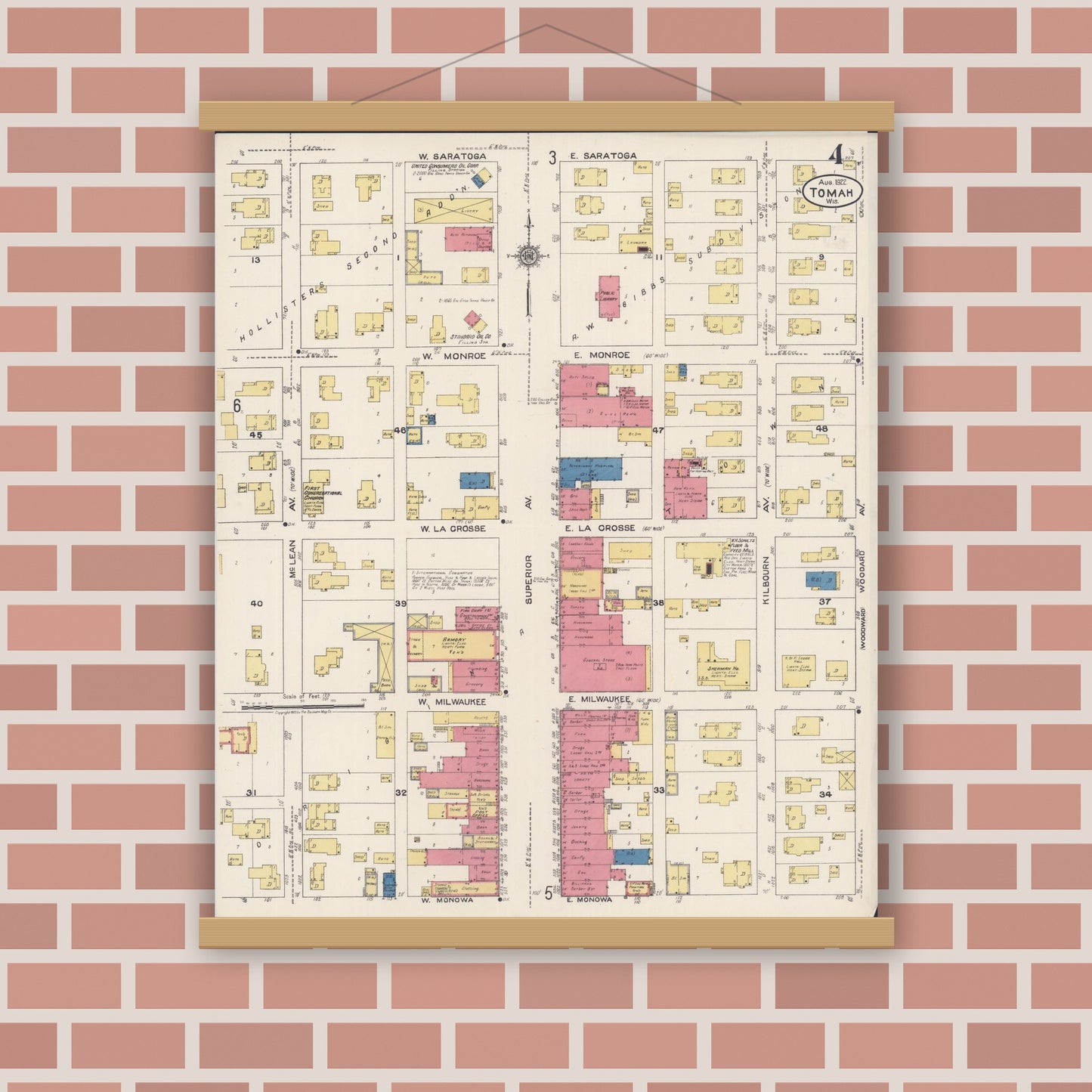 Old map wall art mockup — magnetic wood frame on brick wall — Sanborn Fire Insurance Map from Tomah, Monroe County, Wisconsin (1922), Sheet #0004