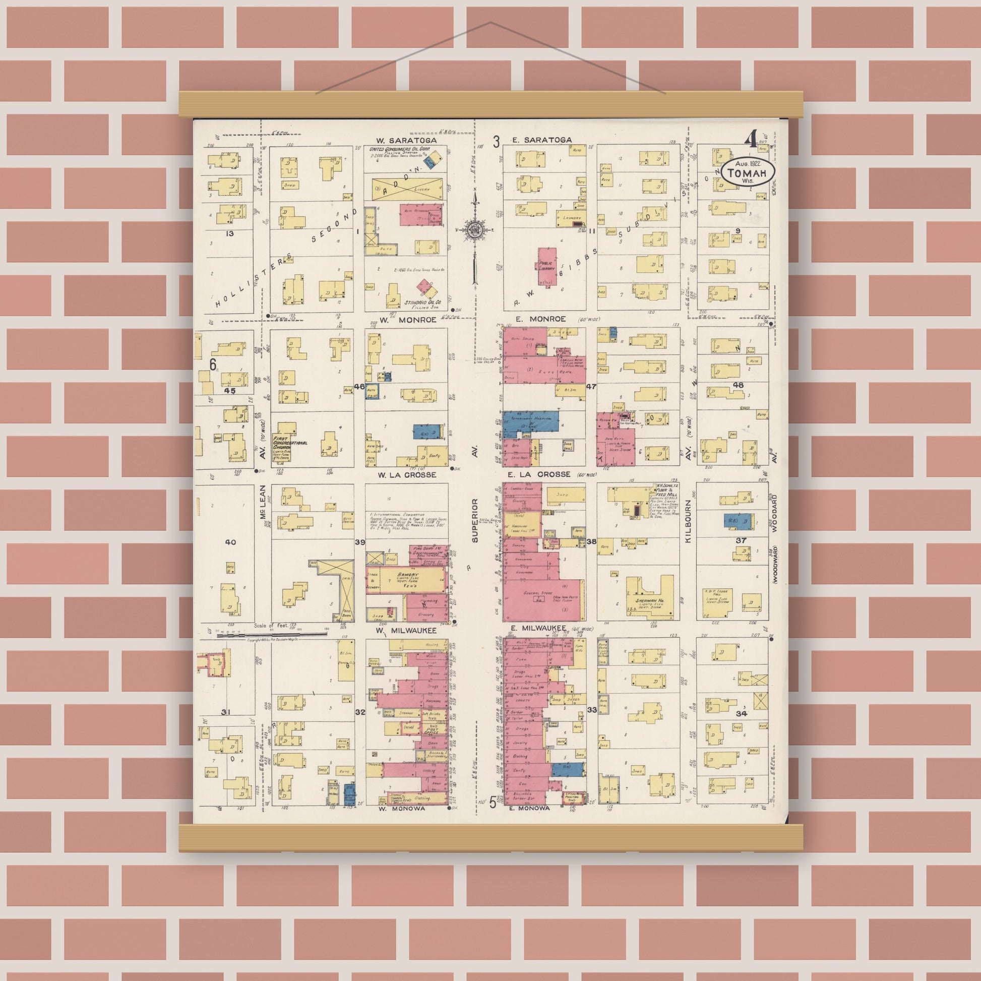 Old map wall art mockup — magnetic wood frame on brick wall — Sanborn Fire Insurance Map from Tomah, Monroe County, Wisconsin (1922), Sheet #0004