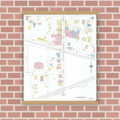 Old map wall art mockup — magnetic wood frame on brick wall — Sanborn Fire Insurance Map from Bradford, Darke and Miami Counties, Ohio (1951), Sheet #0002
