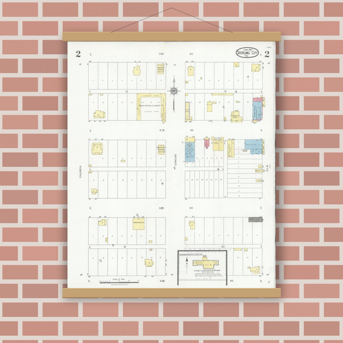 Old map wall art mockup — magnetic wood frame on brick wall — Sanborn Fire Insurance Map from Sterling City, Sterling County, Texas (1927), Sheet #0002