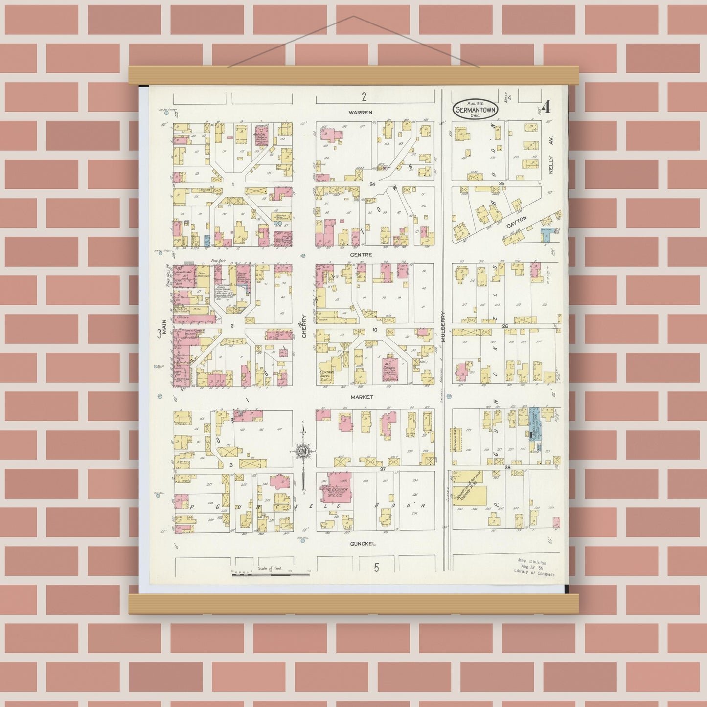 Old map wall art mockup — magnetic wood frame on brick wall — Sanborn Fire Insurance Map from Germantown, Montgomery County, Ohio (1912), Sheet #0004