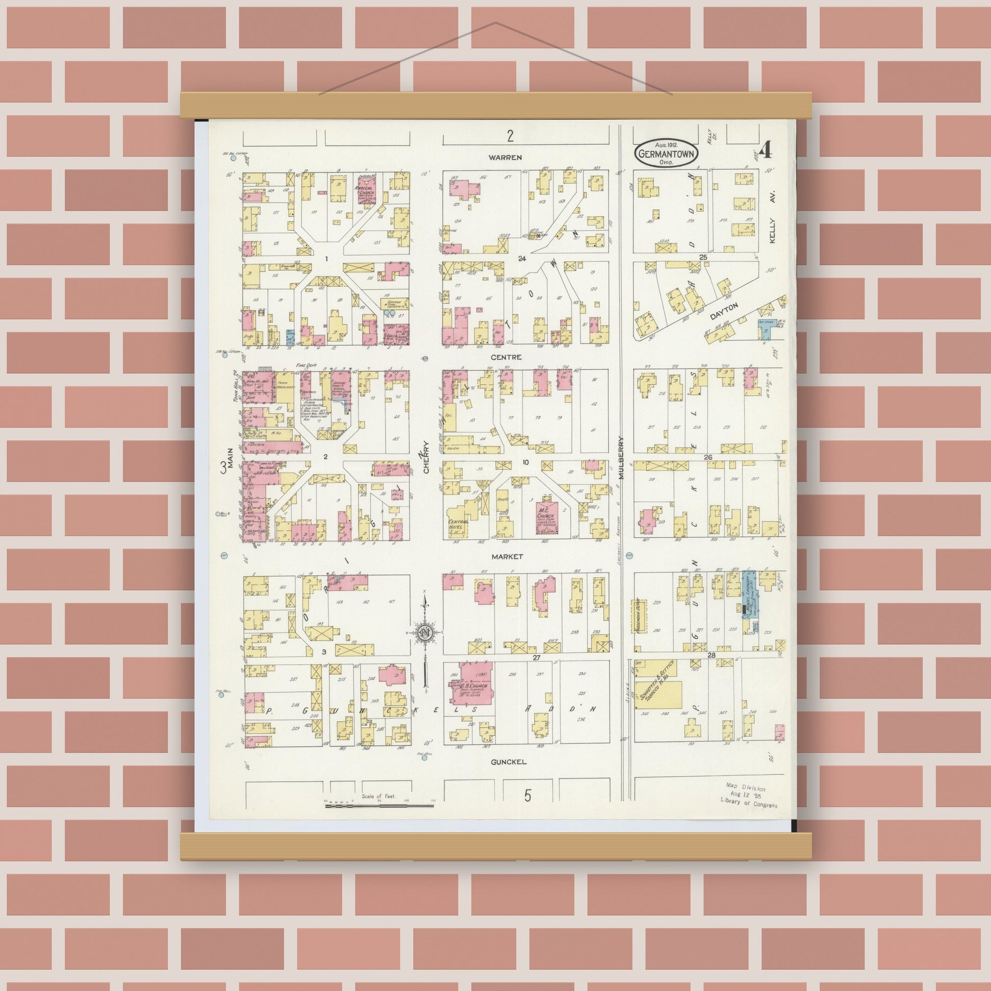 Old map wall art mockup — magnetic wood frame on brick wall — Sanborn Fire Insurance Map from Germantown, Montgomery County, Ohio (1912), Sheet #0004