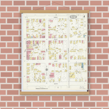Old map wall art mockup — magnetic wood frame on brick wall — Sanborn Fire Insurance Map from Germantown, Montgomery County, Ohio (1912), Sheet #0004