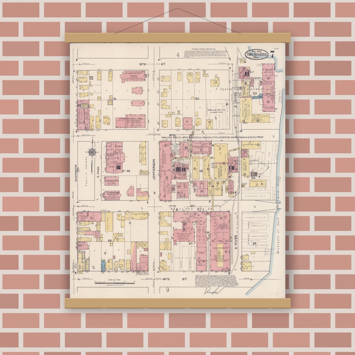 Old map wall art mockup — magnetic wood frame on brick wall — Sanborn Fire Insurance Map from Two Rivers, Manitowoc County, Wisconsin (1922), Sheet #0007