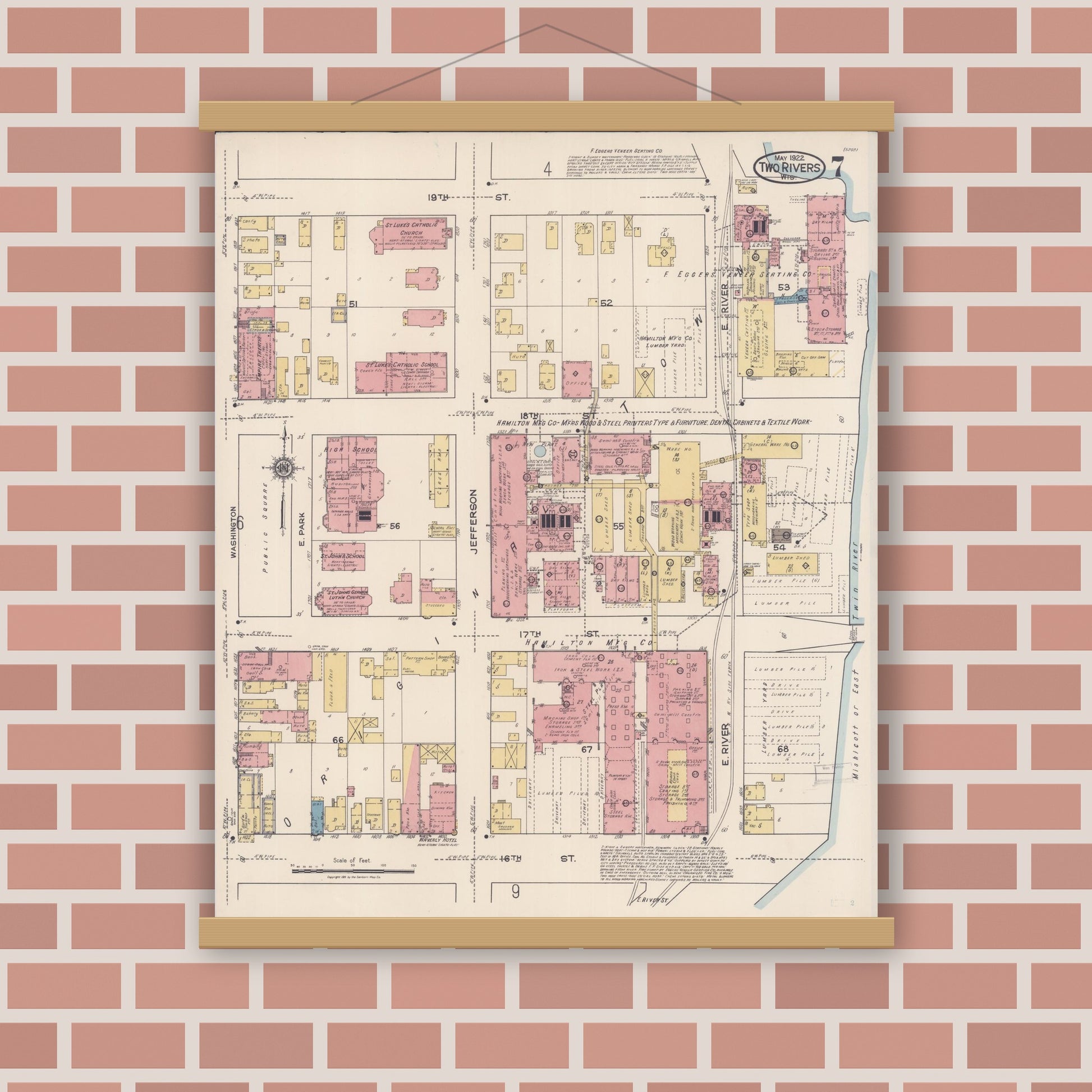 Old map wall art mockup — magnetic wood frame on brick wall — Sanborn Fire Insurance Map from Two Rivers, Manitowoc County, Wisconsin (1922), Sheet #0007