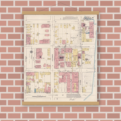 Old map wall art mockup — magnetic wood frame on brick wall — Sanborn Fire Insurance Map from Two Rivers, Manitowoc County, Wisconsin (1922), Sheet #0007