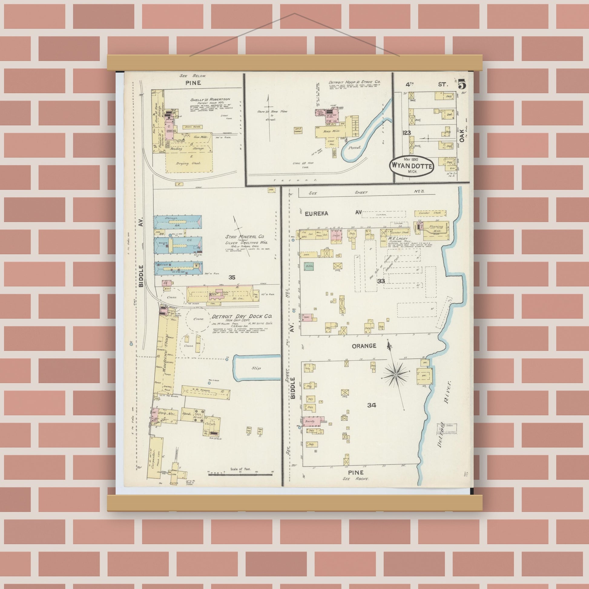 Old map wall art mockup — magnetic wood frame on brick wall — Sanborn Fire Insurance Map from Wyandotte, Wayne County, Michigan (1890), Sheet #0005