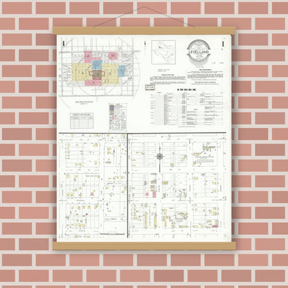 Old map wall art mockup — magnetic wood frame on brick wall — Sanborn Fire Insurance Map from Levelland, Hockley County, Texas (1942) - Complete Map Set