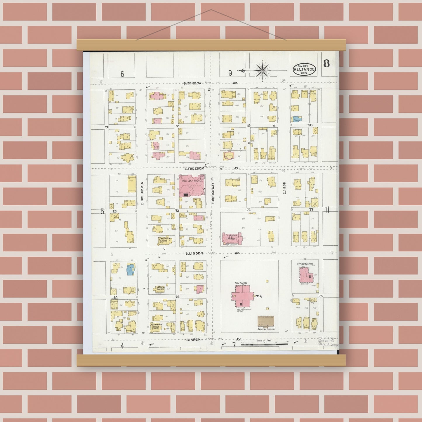 Old map wall art mockup — magnetic wood frame on brick wall — Sanborn Fire Insurance Map from Alliance, Stark County, Ohio (1904), Sheet #0008