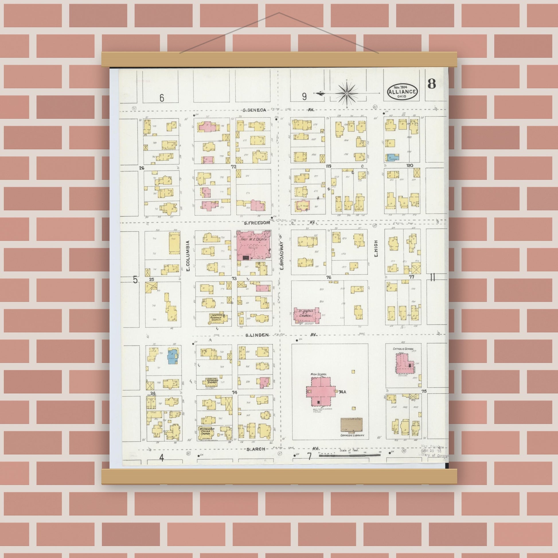 Old map wall art mockup — magnetic wood frame on brick wall — Sanborn Fire Insurance Map from Alliance, Stark County, Ohio (1904), Sheet #0008
