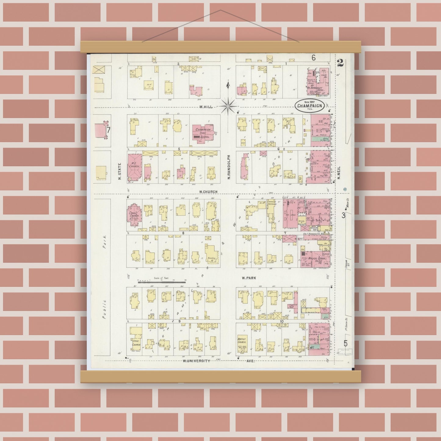 Old map wall art mockup — magnetic wood frame on brick wall — Sanborn Fire Insurance Map from Champaign, Champaign County, Illinois (1897), Sheet #0002