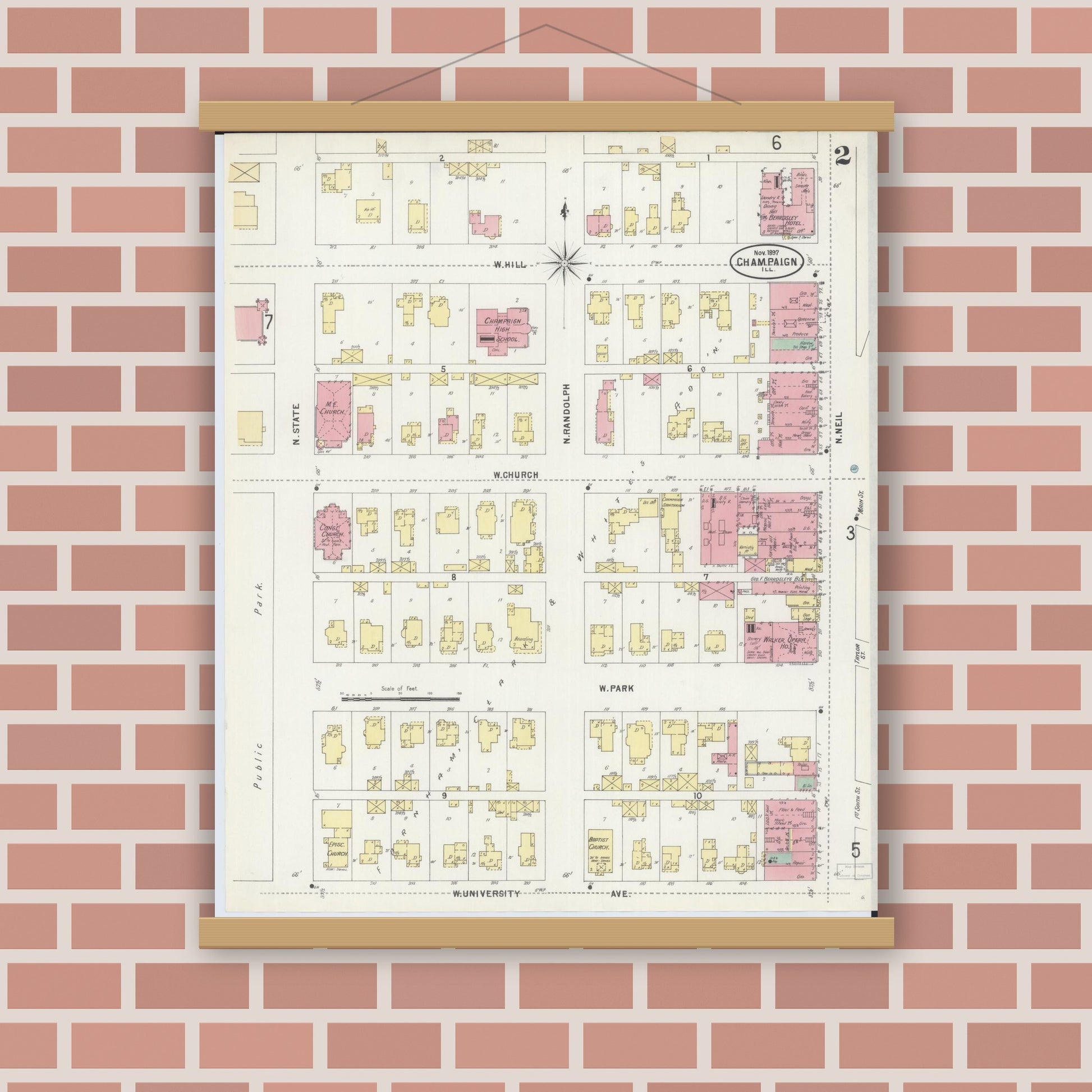 Old map wall art mockup — magnetic wood frame on brick wall — Sanborn Fire Insurance Map from Champaign, Champaign County, Illinois (1897), Sheet #0002