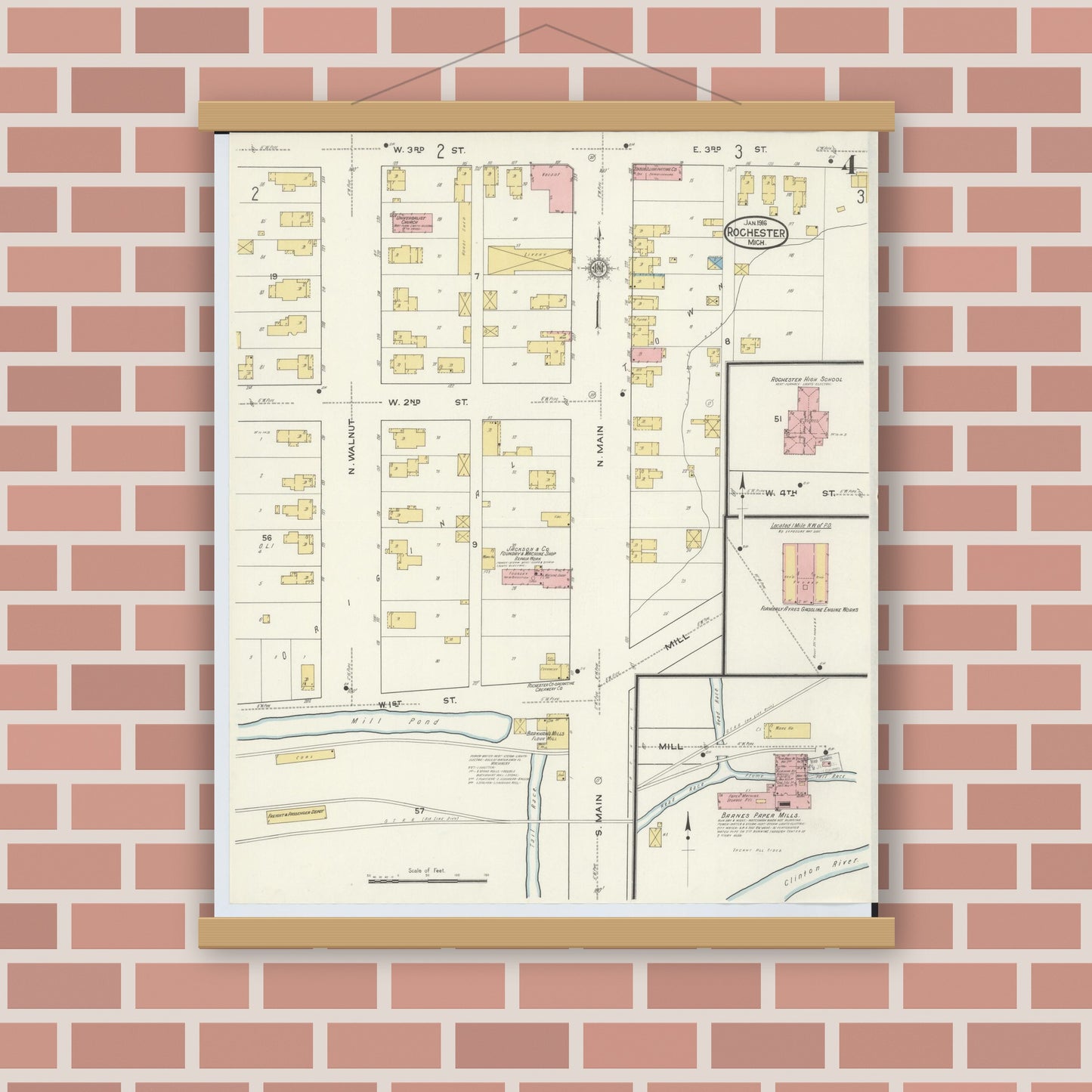 Old map wall art mockup — magnetic wood frame on brick wall — Sanborn Fire Insurance Map from Rochester, Oakland County, Michigan (1916), Sheet #0004