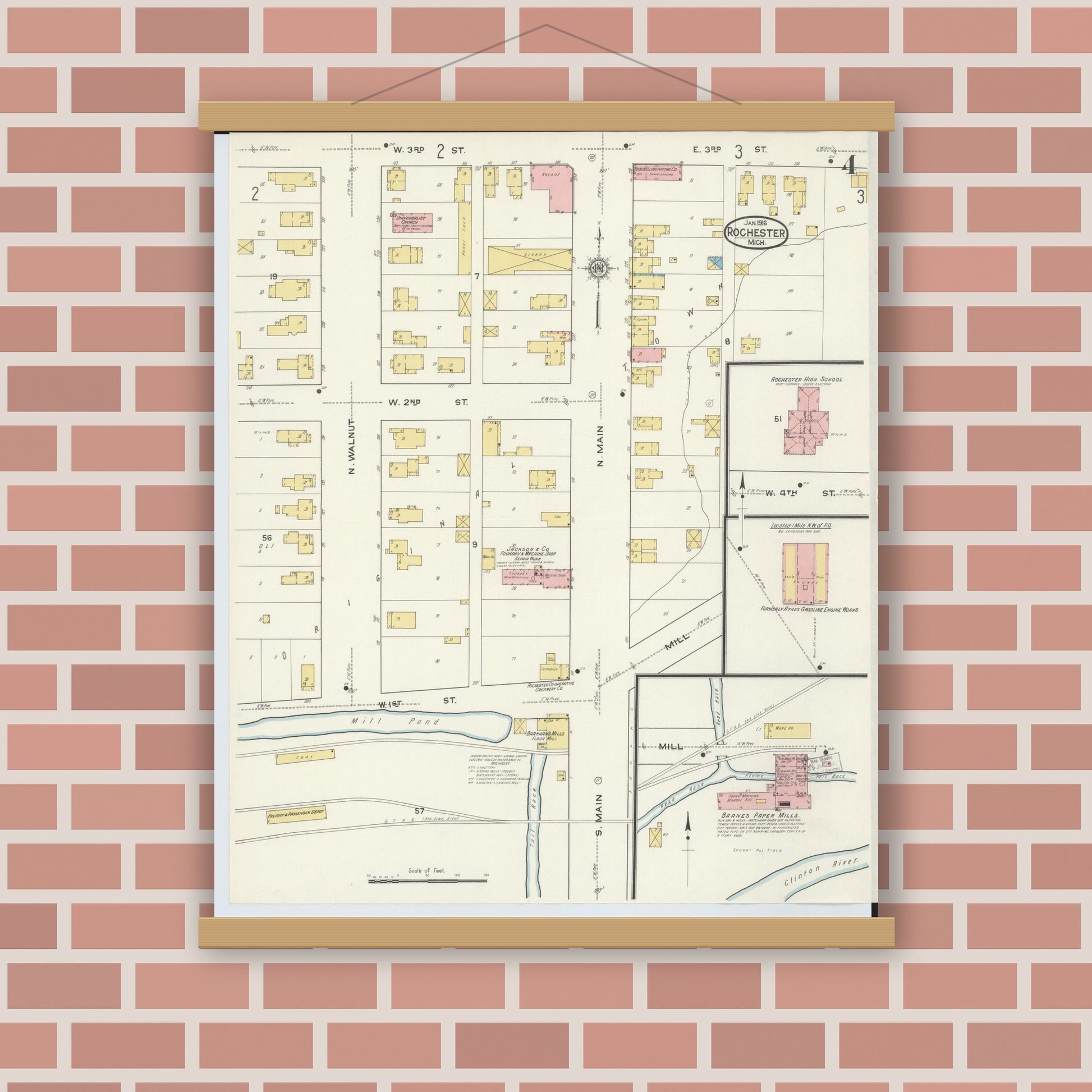Old map wall art mockup — magnetic wood frame on brick wall — Sanborn Fire Insurance Map from Rochester, Oakland County, Michigan (1916), Sheet #0004