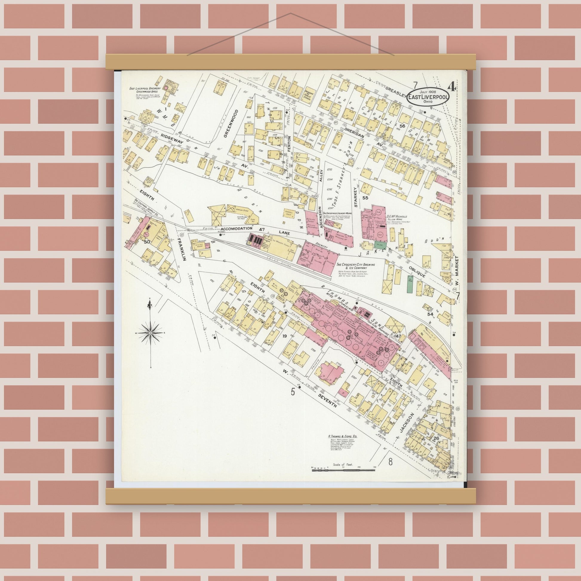 Old map wall art mockup — magnetic wood frame on brick wall — Sanborn Fire Insurance Map from East Liverpool, Columbiana County, Ohio (1908), Sheet #0004