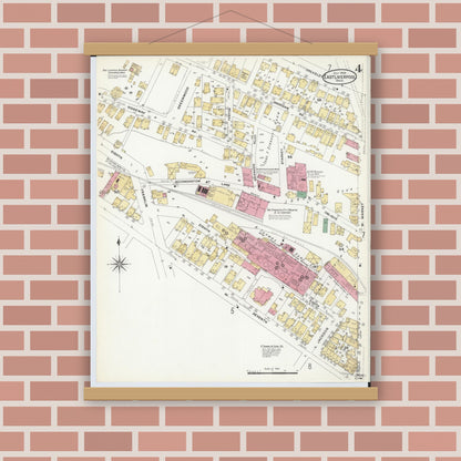 Old map wall art mockup — magnetic wood frame on brick wall — Sanborn Fire Insurance Map from East Liverpool, Columbiana County, Ohio (1908), Sheet #0004
