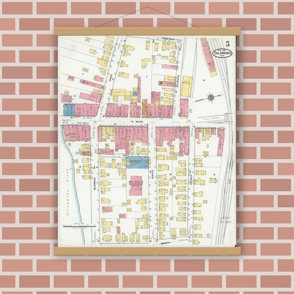 Old map wall art mockup — magnetic wood frame on brick wall — Sanborn Fire Insurance Map from Salamanca, Cattaraugus County, New York (1918), Sheet #0005