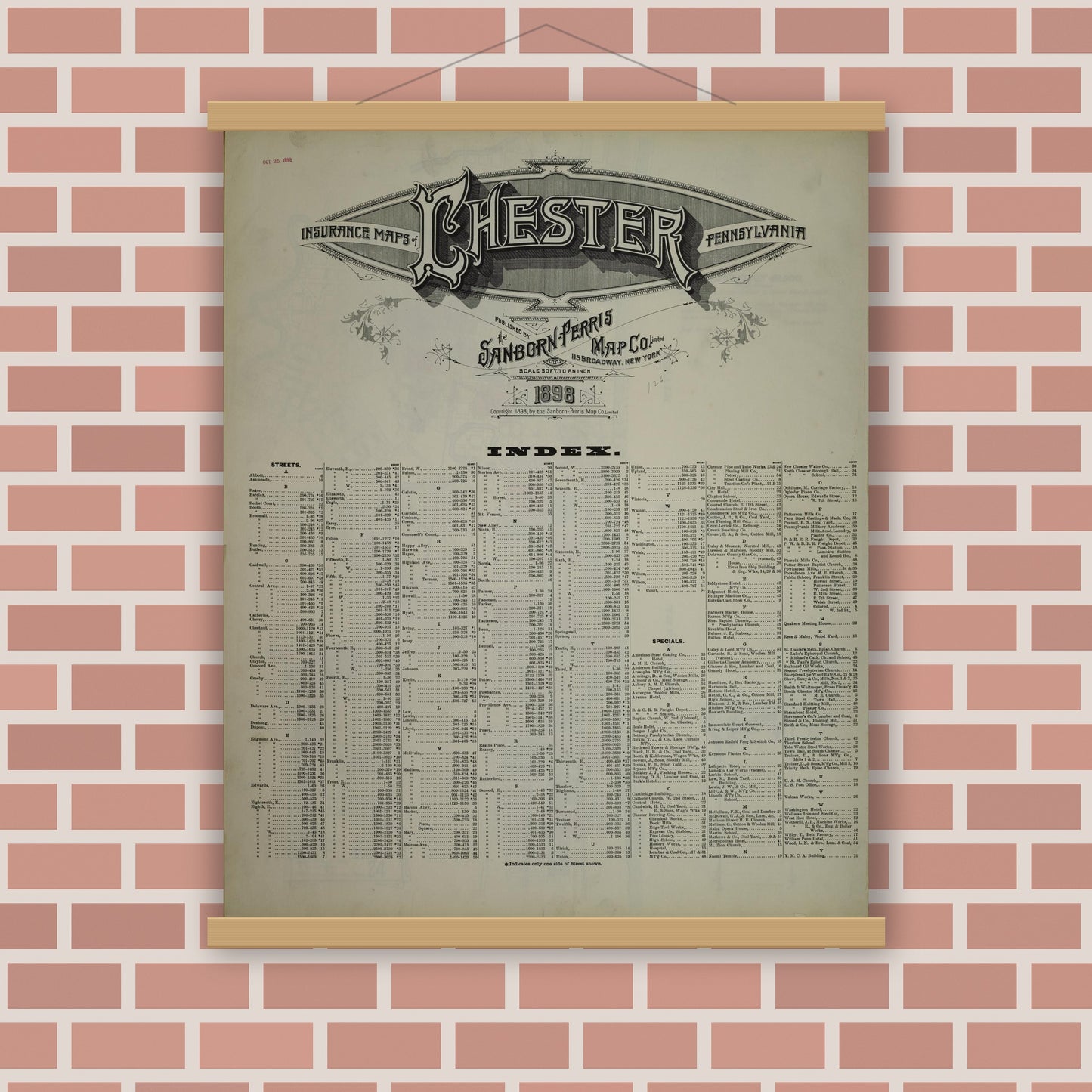Old map wall art mockup — magnetic wood frame on brick wall — Sanborn Fire Insurance Map from Chester, Delaware County, Pennsylvania (1898), Sheet #0001