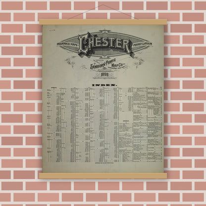 Old map wall art mockup — magnetic wood frame on brick wall — Sanborn Fire Insurance Map from Chester, Delaware County, Pennsylvania (1898), Sheet #0001