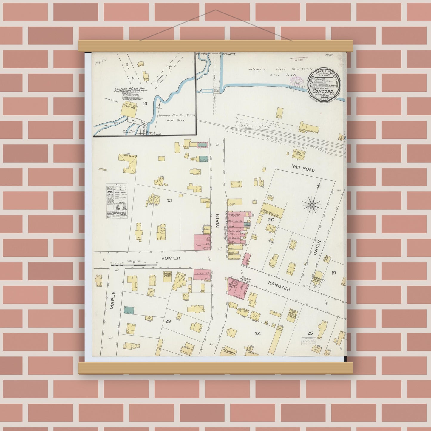 Old map wall art mockup — magnetic wood frame on brick wall — Sanborn Fire Insurance Map from Concord, Jackson County, Michigan (1893), Sheet #0001