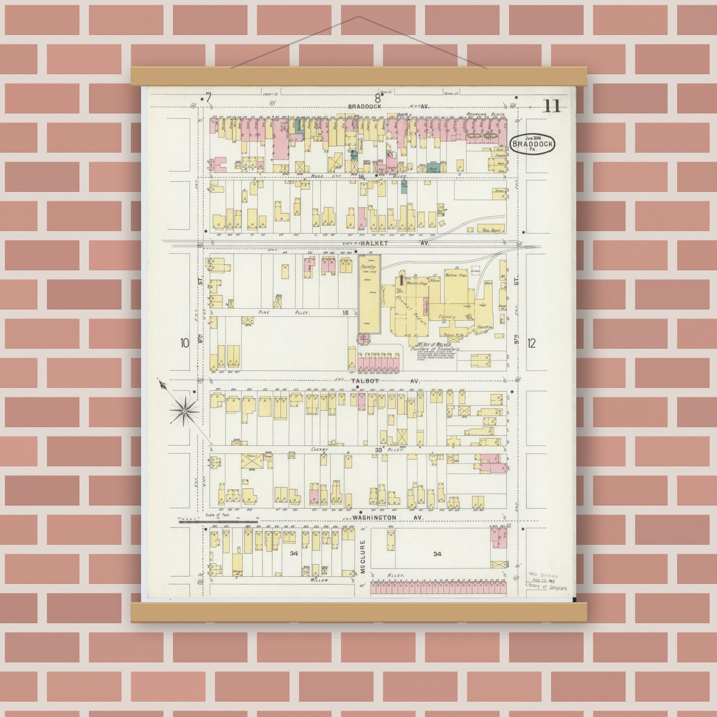 Old map wall art mockup — magnetic wood frame on brick wall — Sanborn Fire Insurance Map from Braddock, Allegheny County, Pennsylvania (1896), Sheet #0011