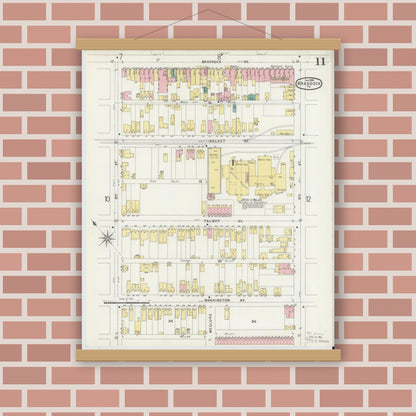Old map wall art mockup — magnetic wood frame on brick wall — Sanborn Fire Insurance Map from Braddock, Allegheny County, Pennsylvania (1896), Sheet #0011