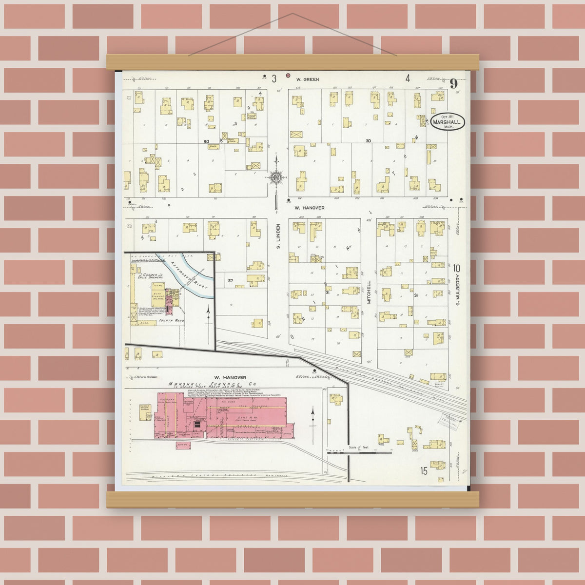 Old map wall art mockup — magnetic wood frame on brick wall — Sanborn Fire Insurance Map from Marshall, Calhoun County, Michigan (1911), Sheet #0009