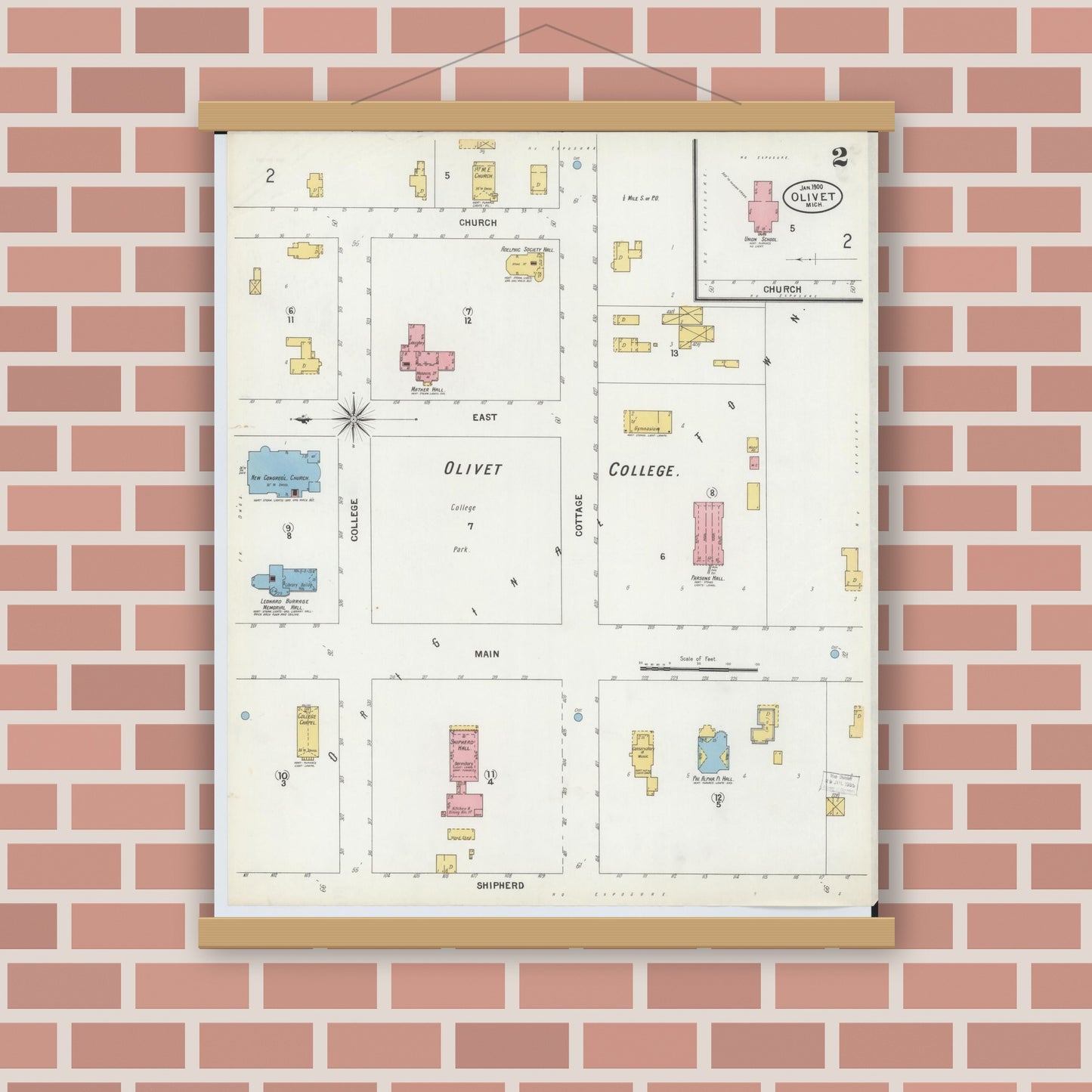 Old map wall art mockup — magnetic wood frame on brick wall — Sanborn Fire Insurance Map from Olivet, Eaton County, Michigan (1900), Sheet #0002