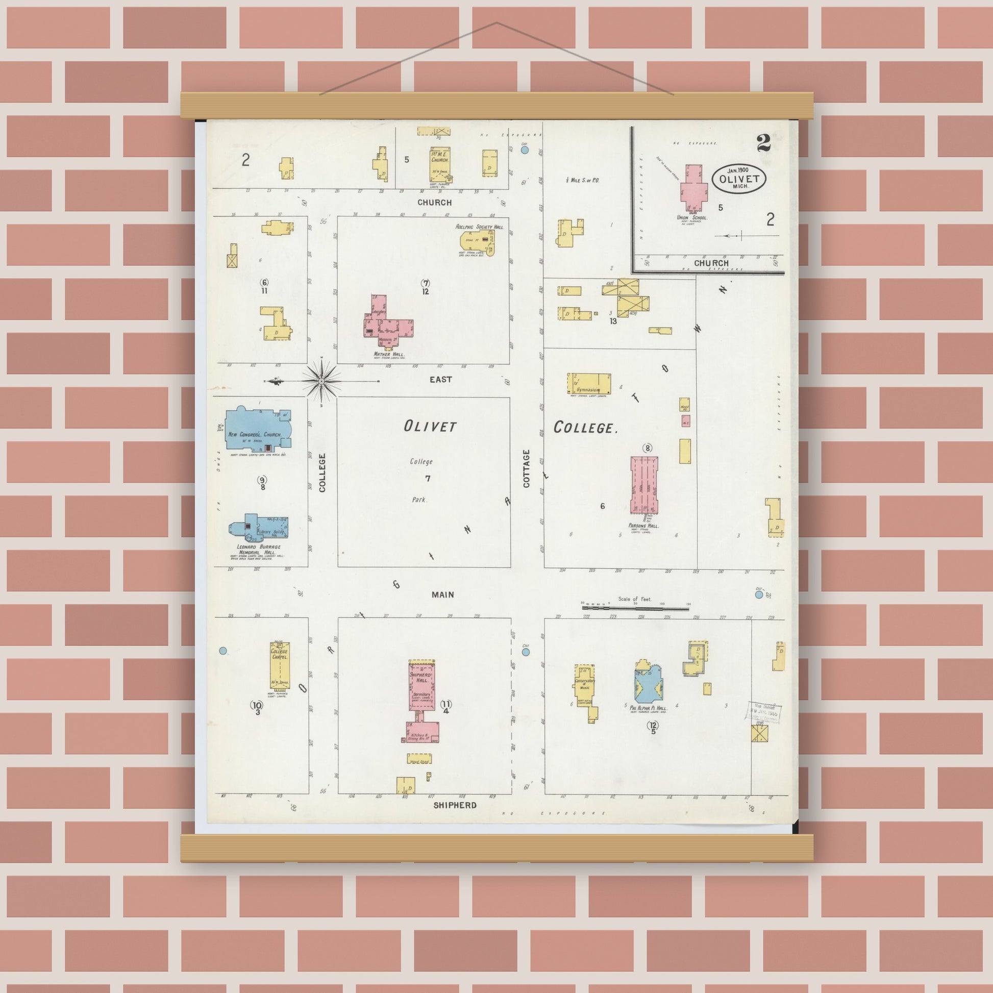 Old map wall art mockup — magnetic wood frame on brick wall — Sanborn Fire Insurance Map from Olivet, Eaton County, Michigan (1900), Sheet #0002