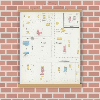 Old map wall art mockup — magnetic wood frame on brick wall — Sanborn Fire Insurance Map from Olivet, Eaton County, Michigan (1900), Sheet #0002