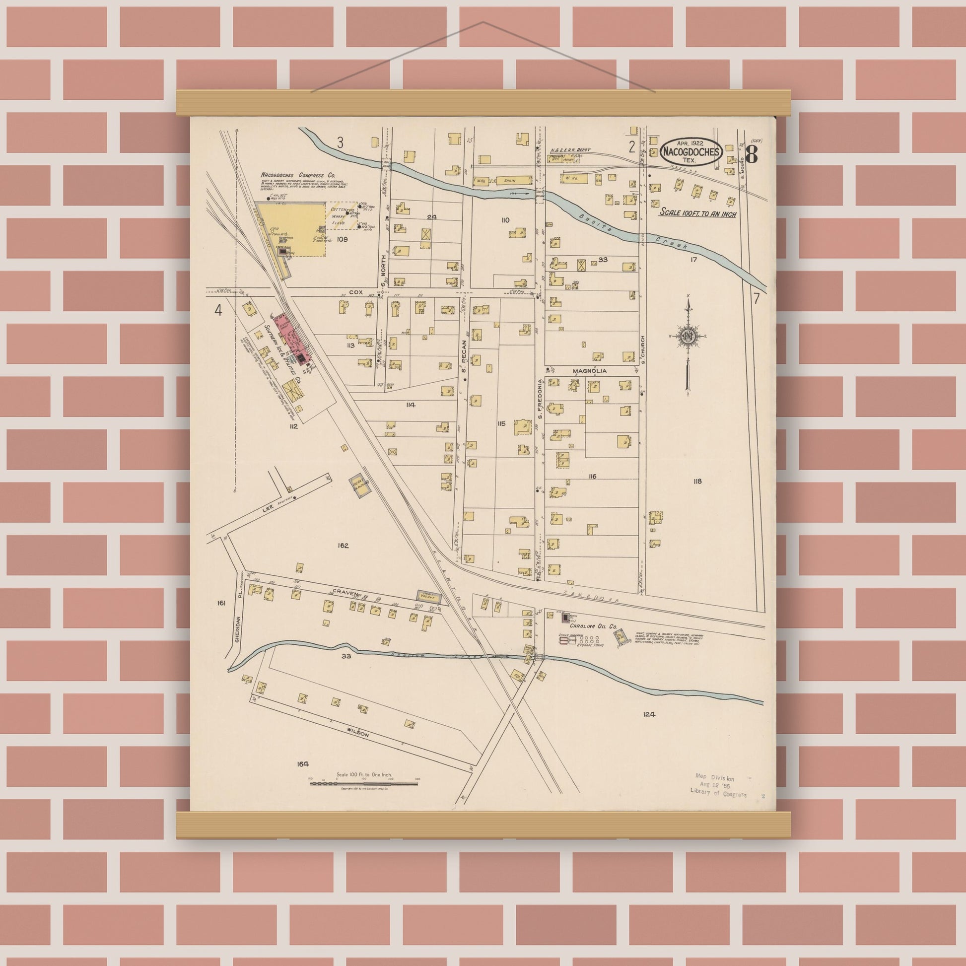 Old map wall art mockup — magnetic wood frame on brick wall — Sanborn Fire Insurance Map from Nacogdoches, Nacogdoches County, Texas (1922), Sheet #0008