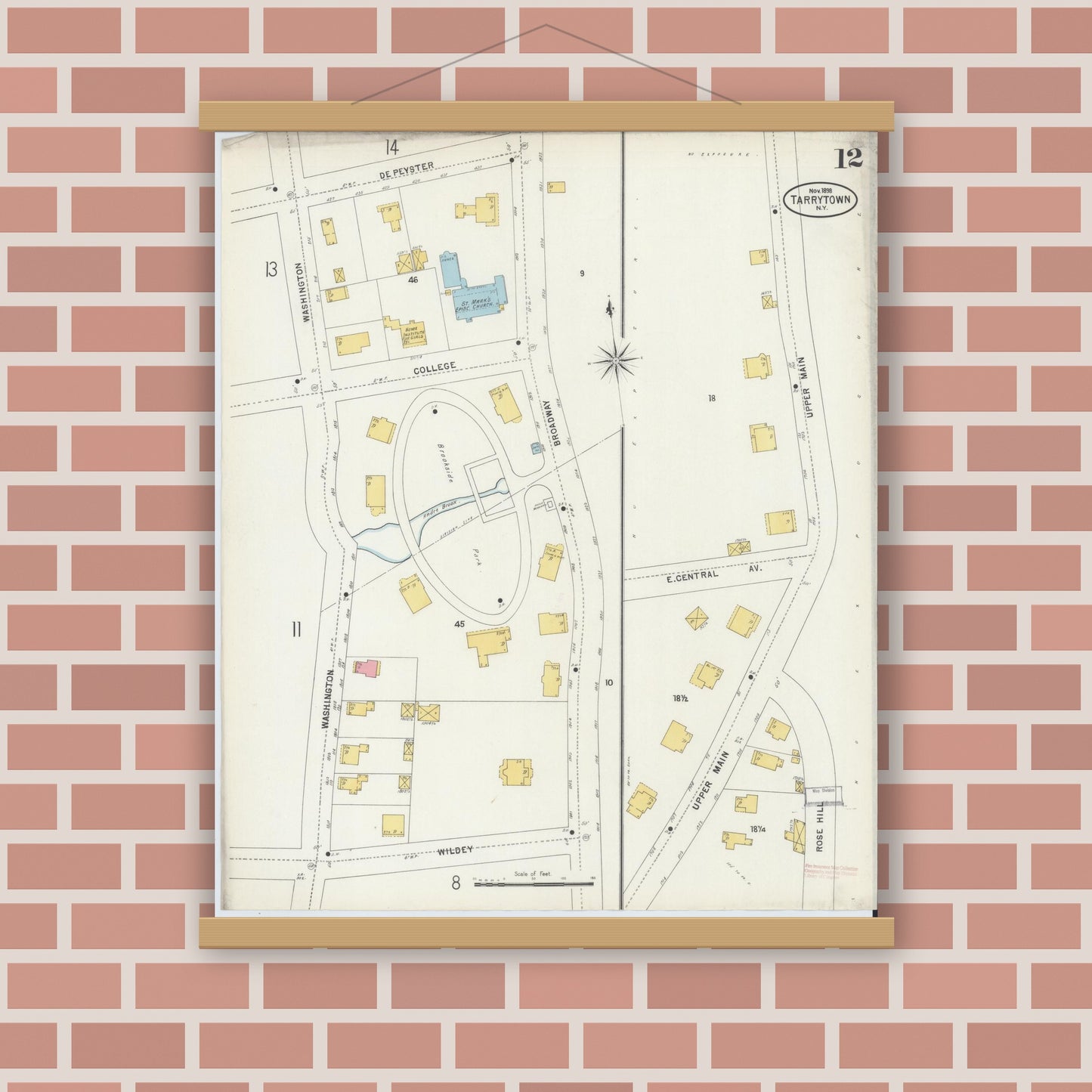 Old map wall art mockup — magnetic wood frame on brick wall — Sanborn Fire Insurance Map from Tarrytown, Westchester County, New York (1898), Sheet #0012