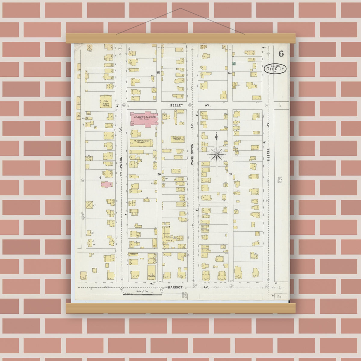 Old map wall art mockup — magnetic wood frame on brick wall — Sanborn Fire Insurance Map from Oil City, Venango County, Pennsylvania (1895), Sheet #0006