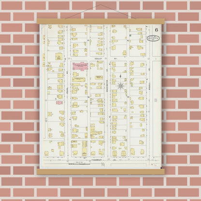 Old map wall art mockup — magnetic wood frame on brick wall — Sanborn Fire Insurance Map from Oil City, Venango County, Pennsylvania (1895), Sheet #0006