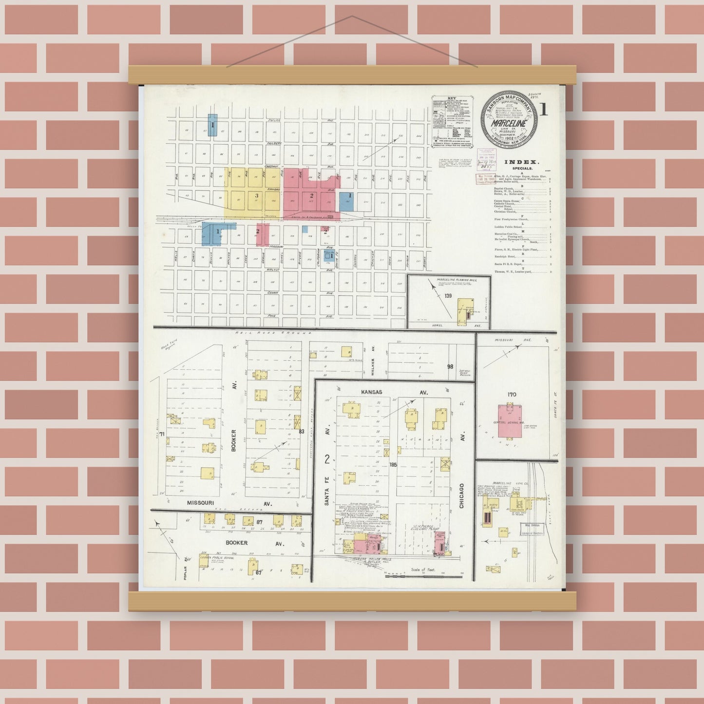 Old map wall art mockup — magnetic wood frame on brick wall — Sanborn Fire Insurance Map from Marceline, Linn County, Missouri (1902) - Complete Map Set