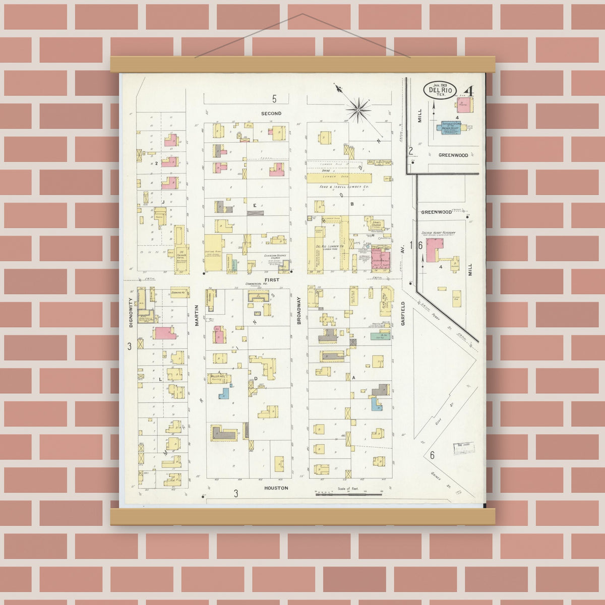 Old map wall art mockup — magnetic wood frame on brick wall — Sanborn Fire Insurance Map from Del Rio, Val Verde County, Texas (1909), Sheet #0004