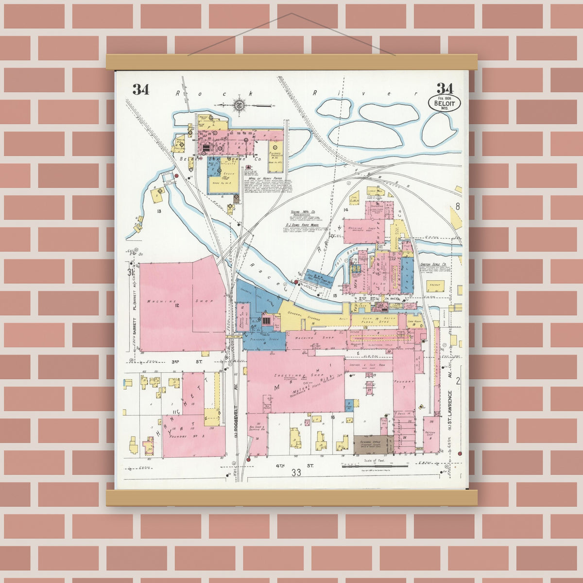 Old map wall art mockup — magnetic wood frame on brick wall — Sanborn Fire Insurance Map from Beloit, Rock County, Wisconsin (1926), Sheet #0034
