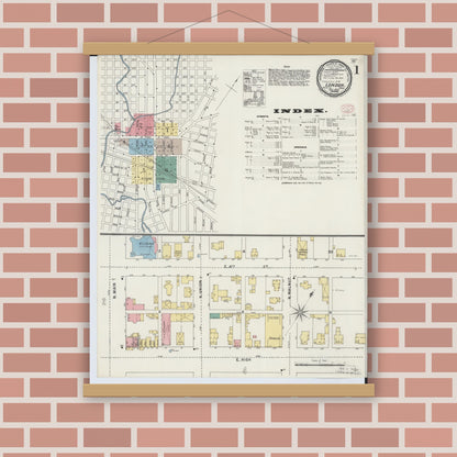 Old map wall art mockup — magnetic wood frame on brick wall — Sanborn Fire Insurance Map from London, Madison County, Ohio (1895), Sheet #0001