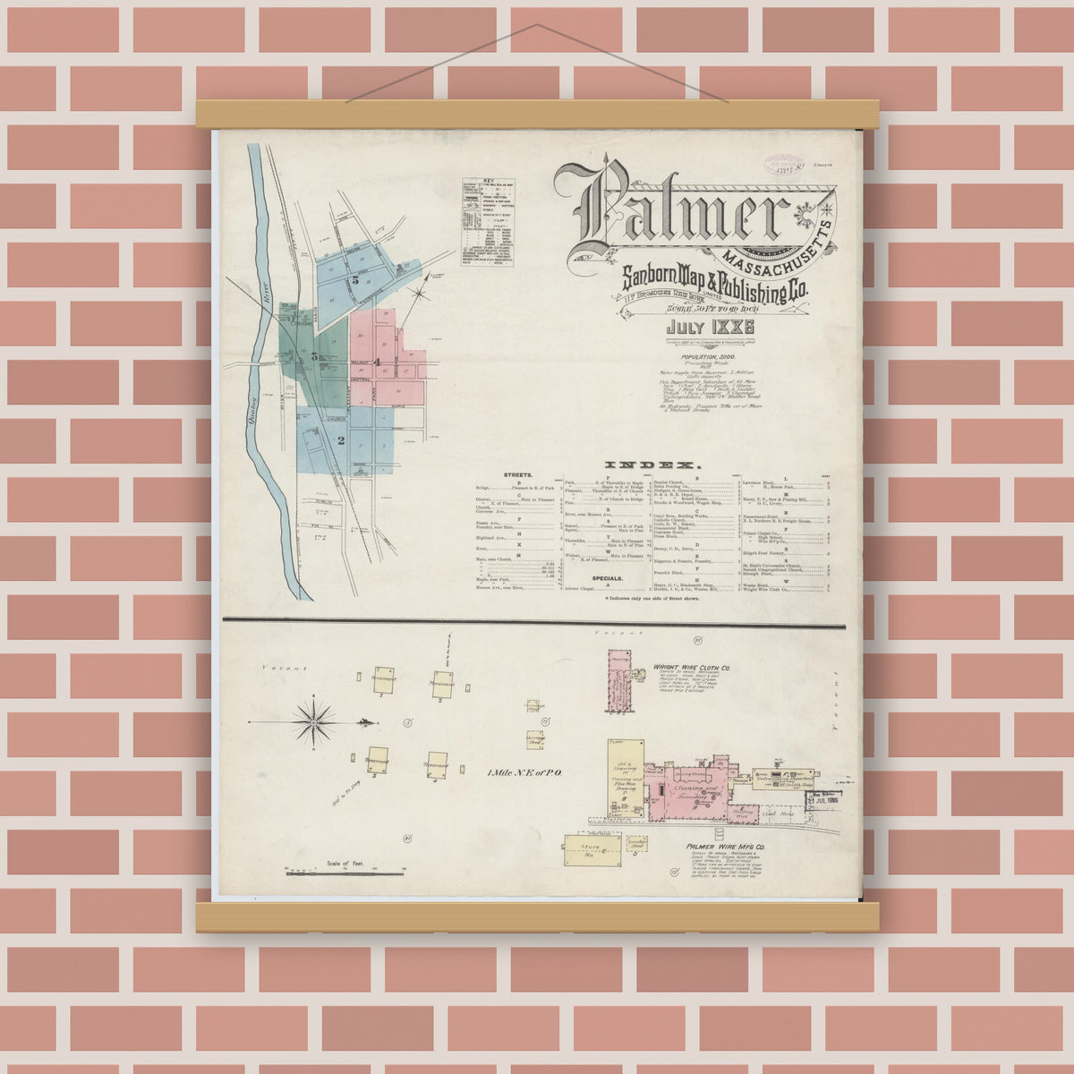 Old map wall art mockup — magnetic wood frame on brick wall — Sanborn Fire Insurance Map from Palmer, Hampden County, Massachusetts (1886), Sheet #0001